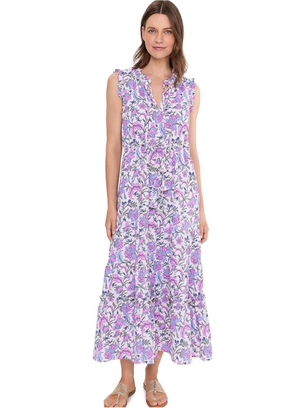 Vineyard Vines Sleeveless Floral Tiered Maxi Dress in Purple and White